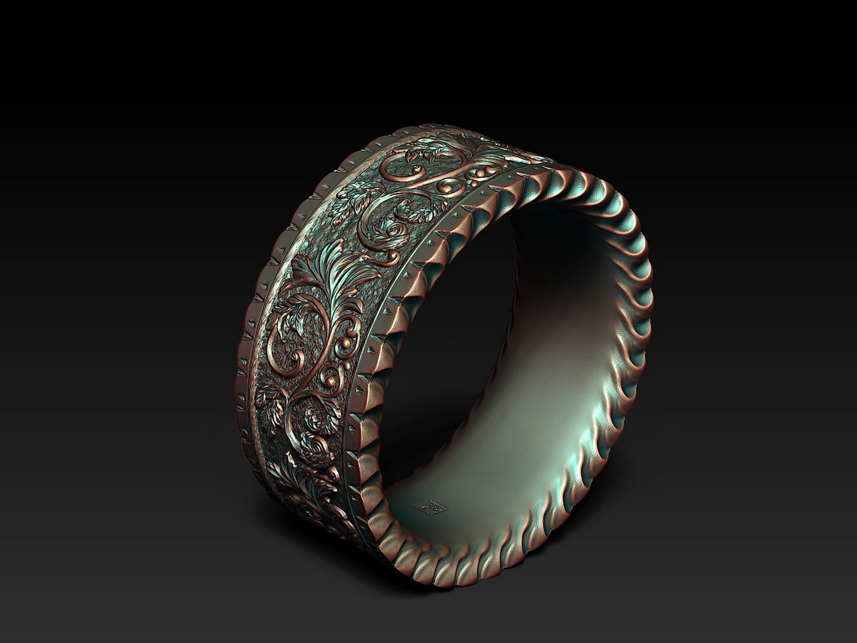 Three-quarter view of the Floral Ring with deep floral engraving, raised sculptural border, and MF maker's mark